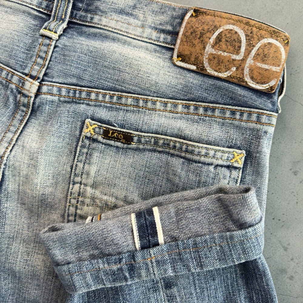Lee 101S Selvedge Jeans Mens 31x31 Blue Slim Fit Button Fly Light Wash Hemmed
